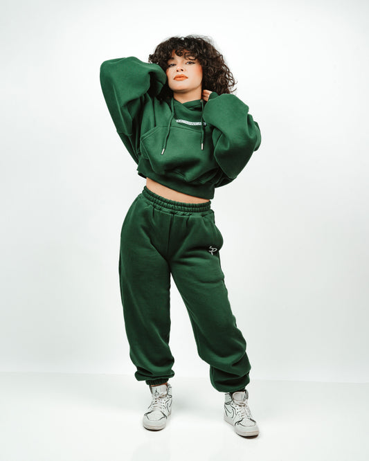 Oversized Cropped Hoodie Joggers Set IN FOREST GREEN