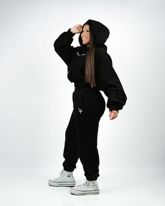 Oversized Cropped Hoodie Joggers Set IN BLACK